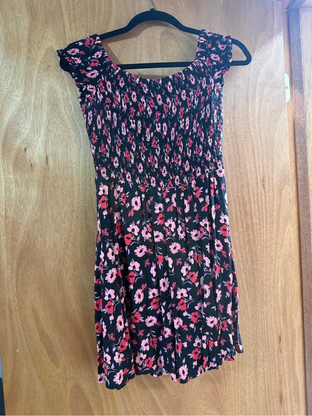 Express Black Mini Dress with Pink & Red Floral Print
